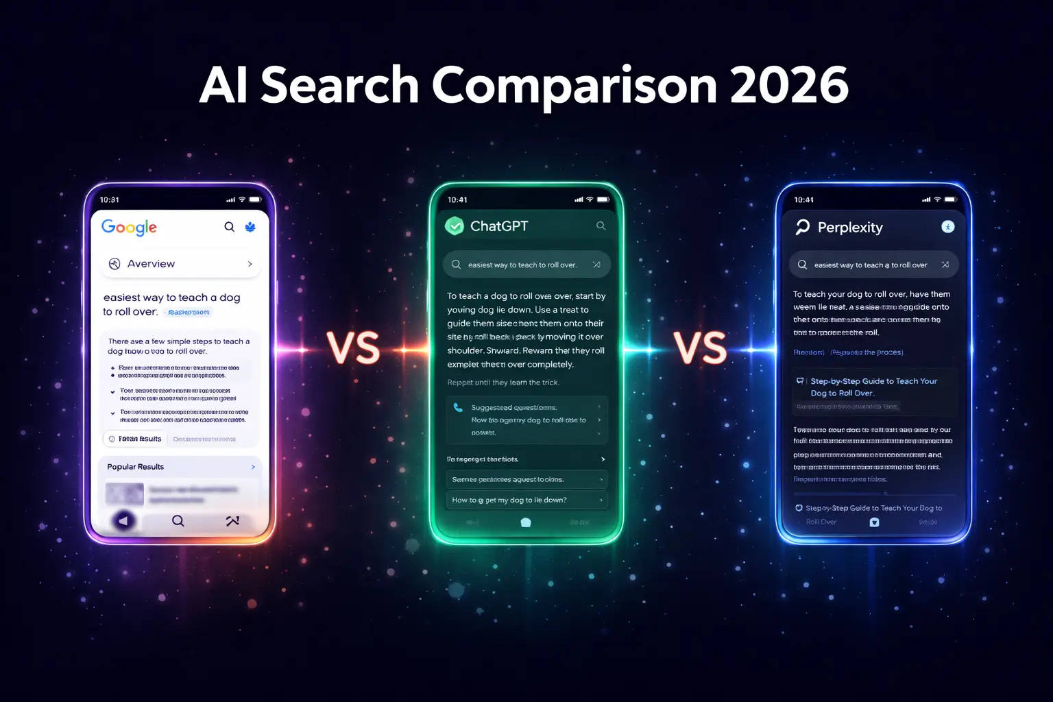 Split-screen comparison of Google AI Overviews, ChatGPT Search, and Perplexity search interfaces showing how each platform displays AI-generated answers with source citations