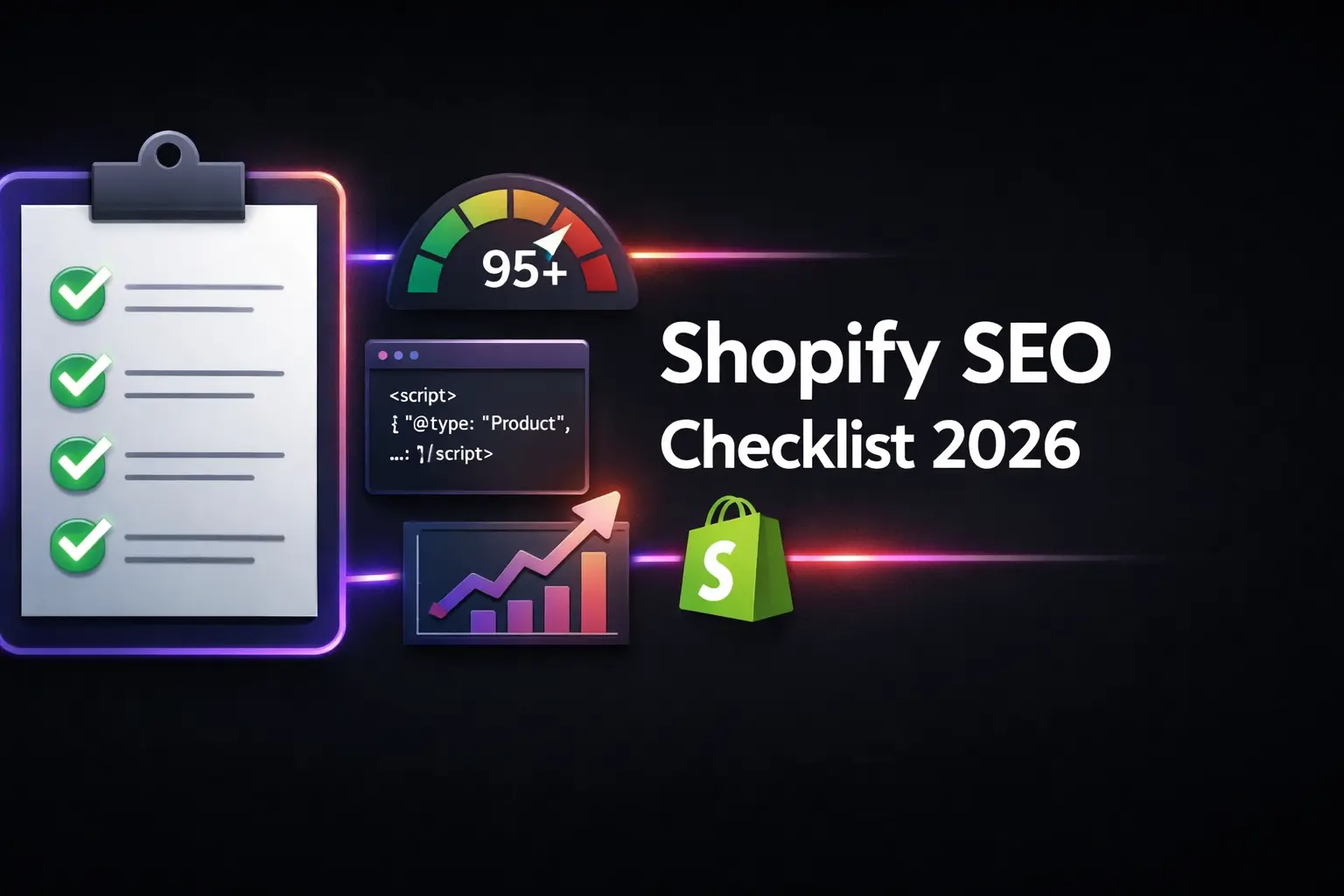 A comprehensive checklist graphic with Shopify logo and SEO elements — site speed gauge, schema markup code, keyword research charts, and green checkmarks — on a dark professional background