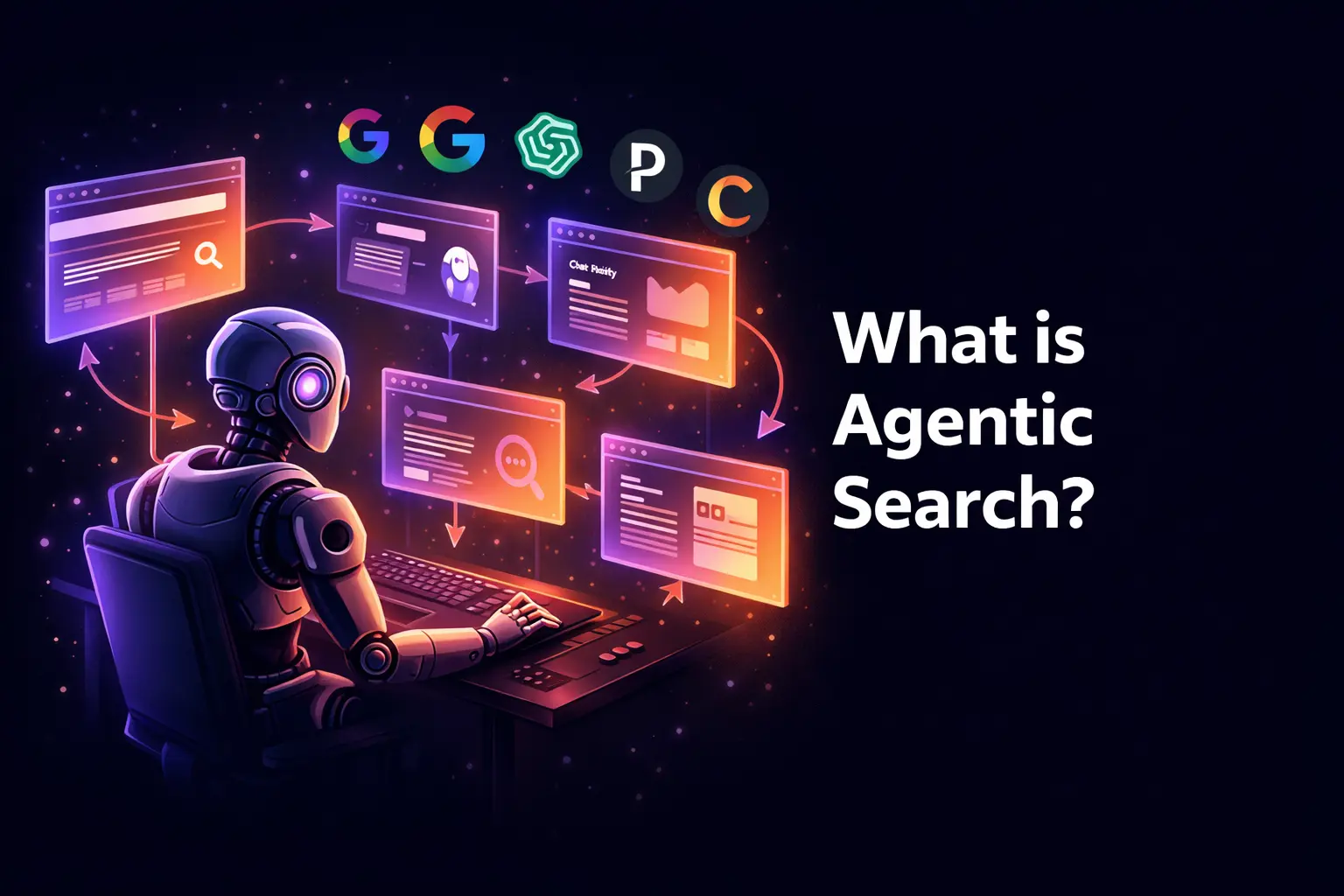 Diagram showing how agentic search works — an AI agent receiving a query, planning research steps, browsing multiple websites, and synthesizing a cited answer
